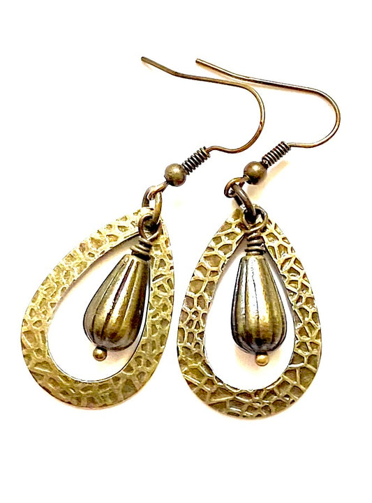 Oval Textured Brass Earrings
