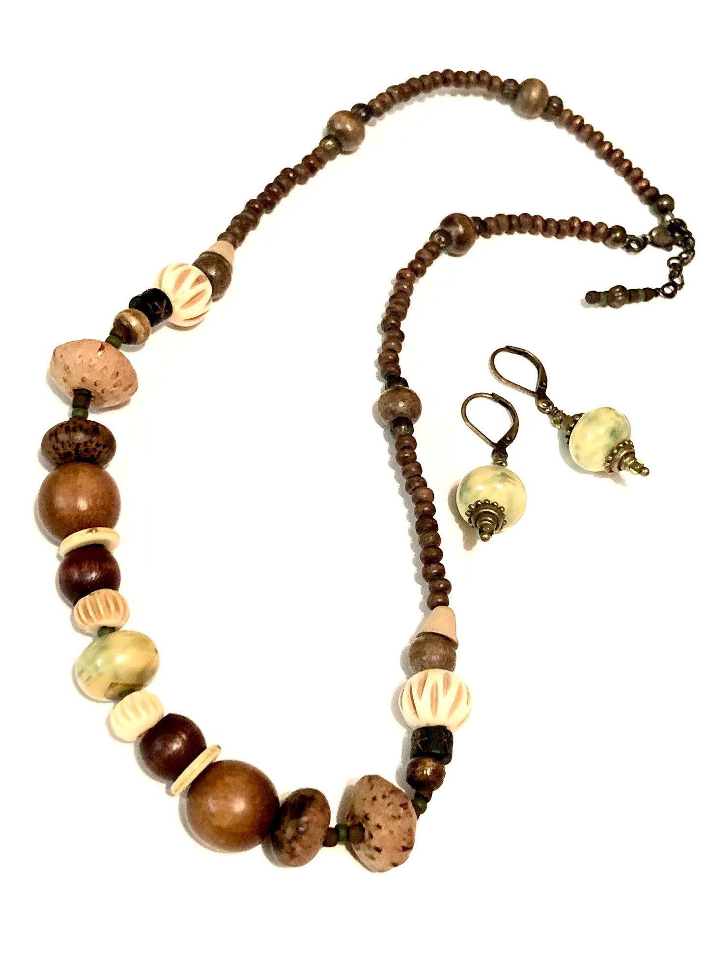 Vintage Green and Wooden Beaded Necklace and Earrings