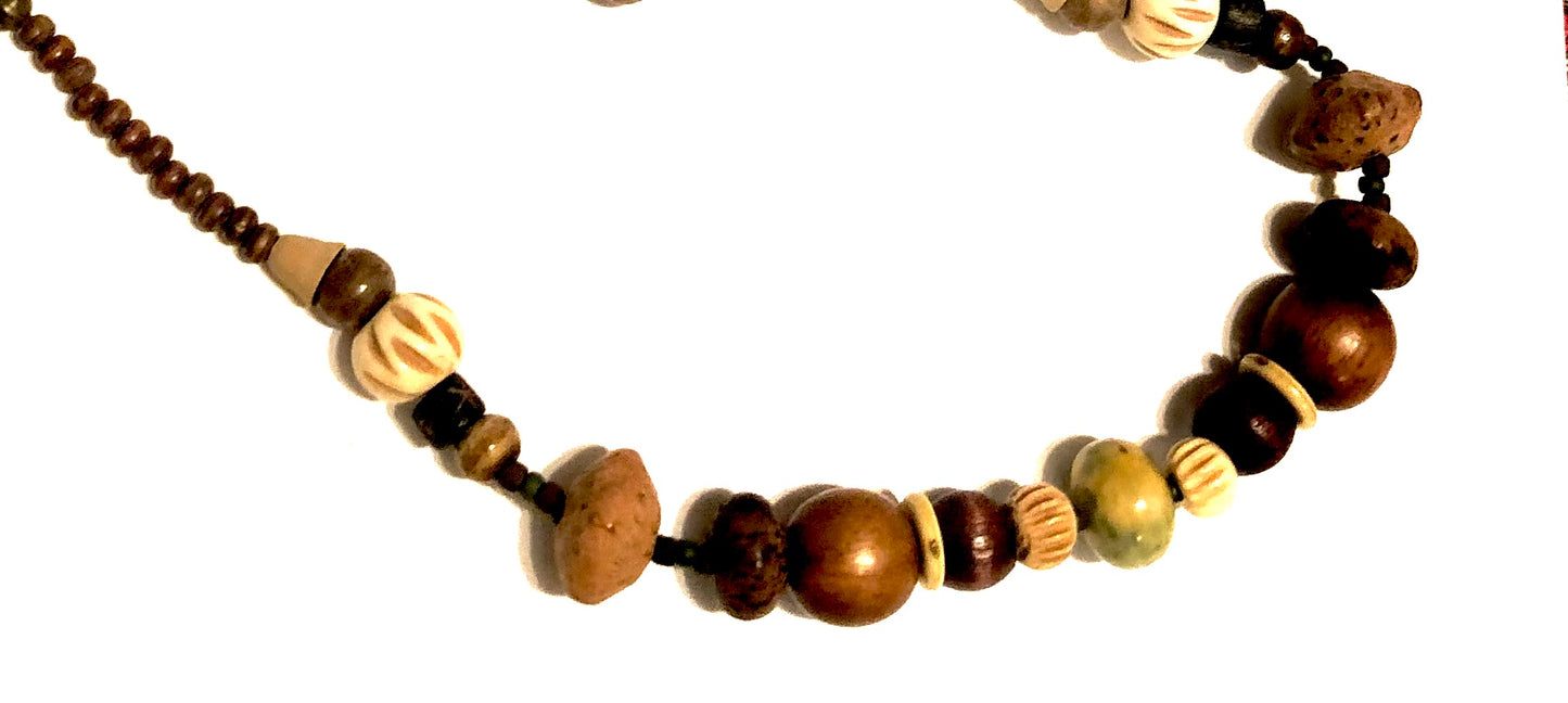 Vintage Green and Wooden Beaded Necklace and Earrings