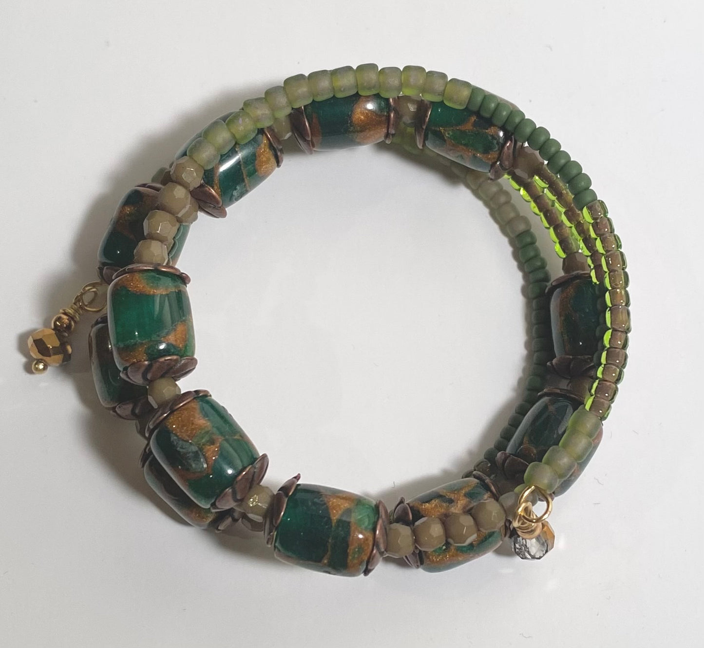 Dark Green and Gold Barrel Memory Wire Bracelet