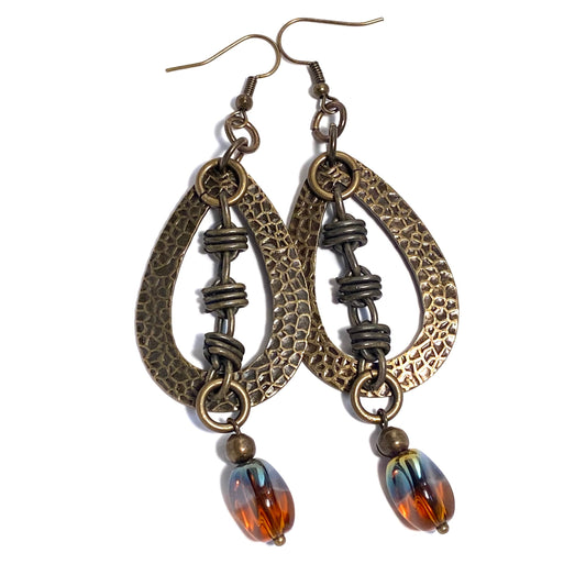 Open Teardrop Brass Frame with Brown Glass Bead
