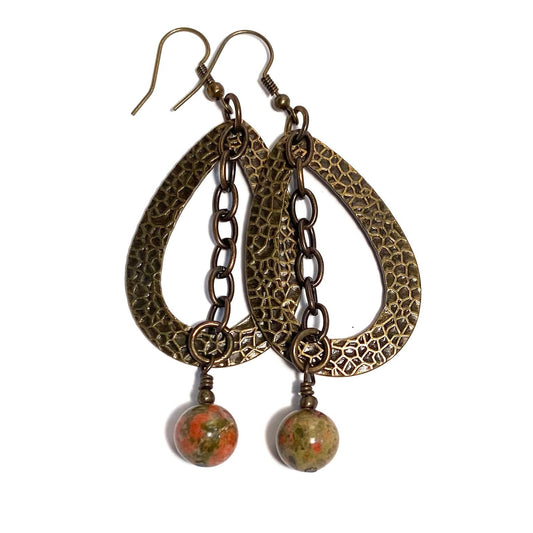 Brass Teardrop Frames with Unakite Beads