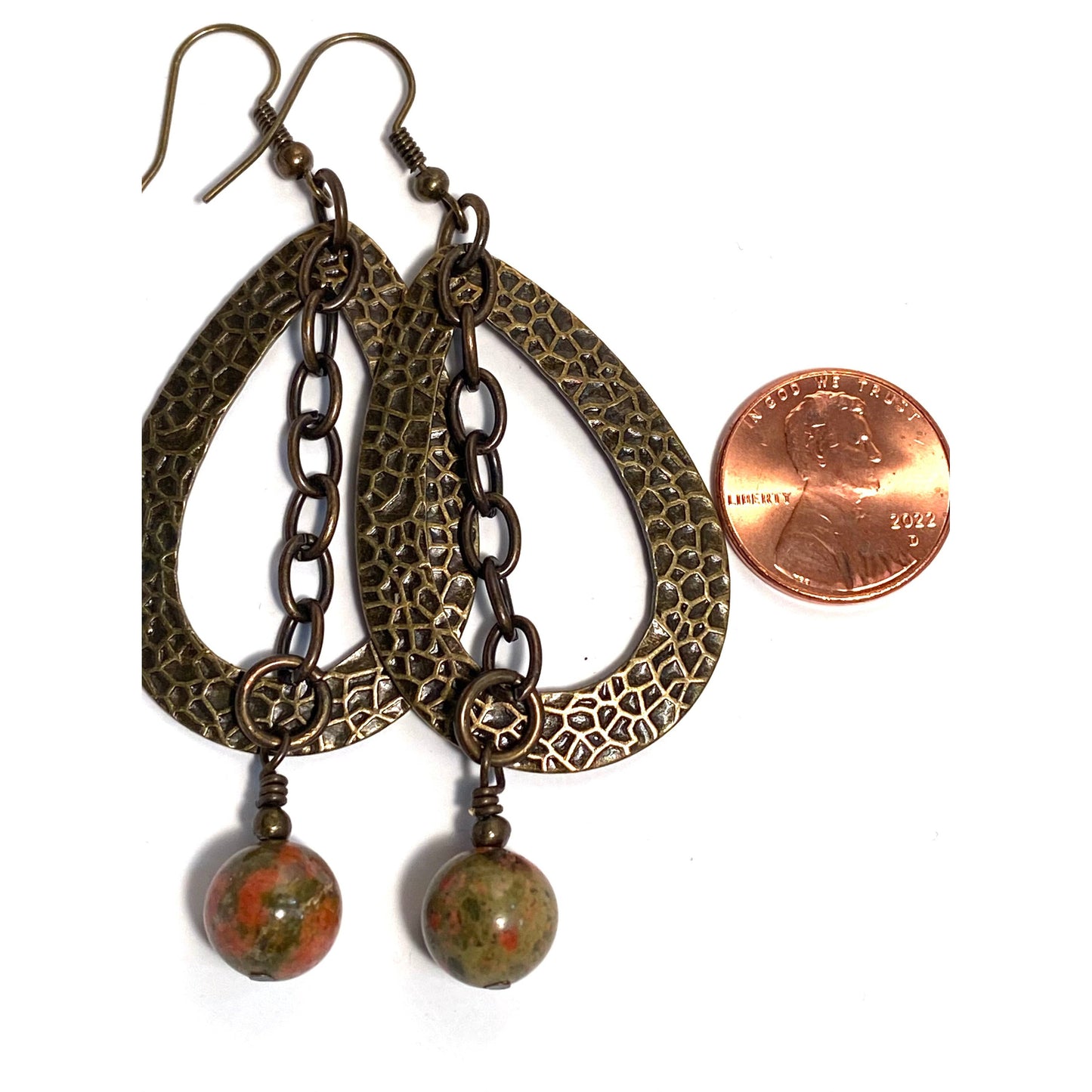 Brass Teardrop Frames with Unakite Beads