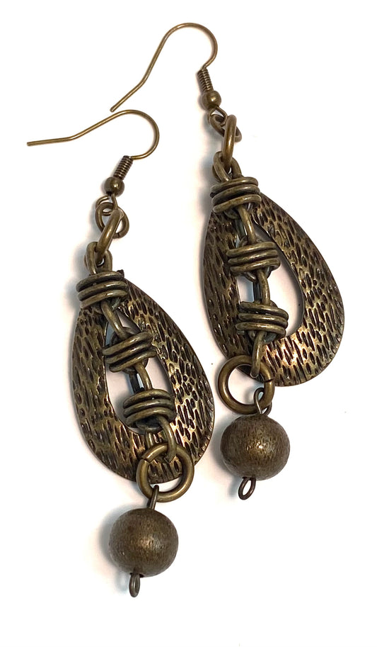 Textured Open Teardrop Earrings with Brass Metal Beads