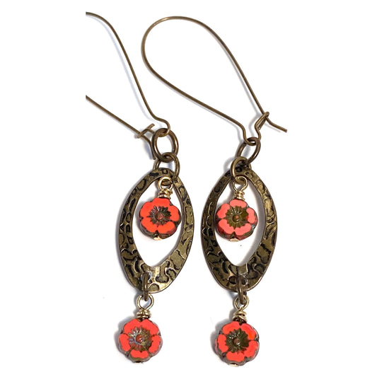 Twin Coral Flower Beads with Oval Frames
