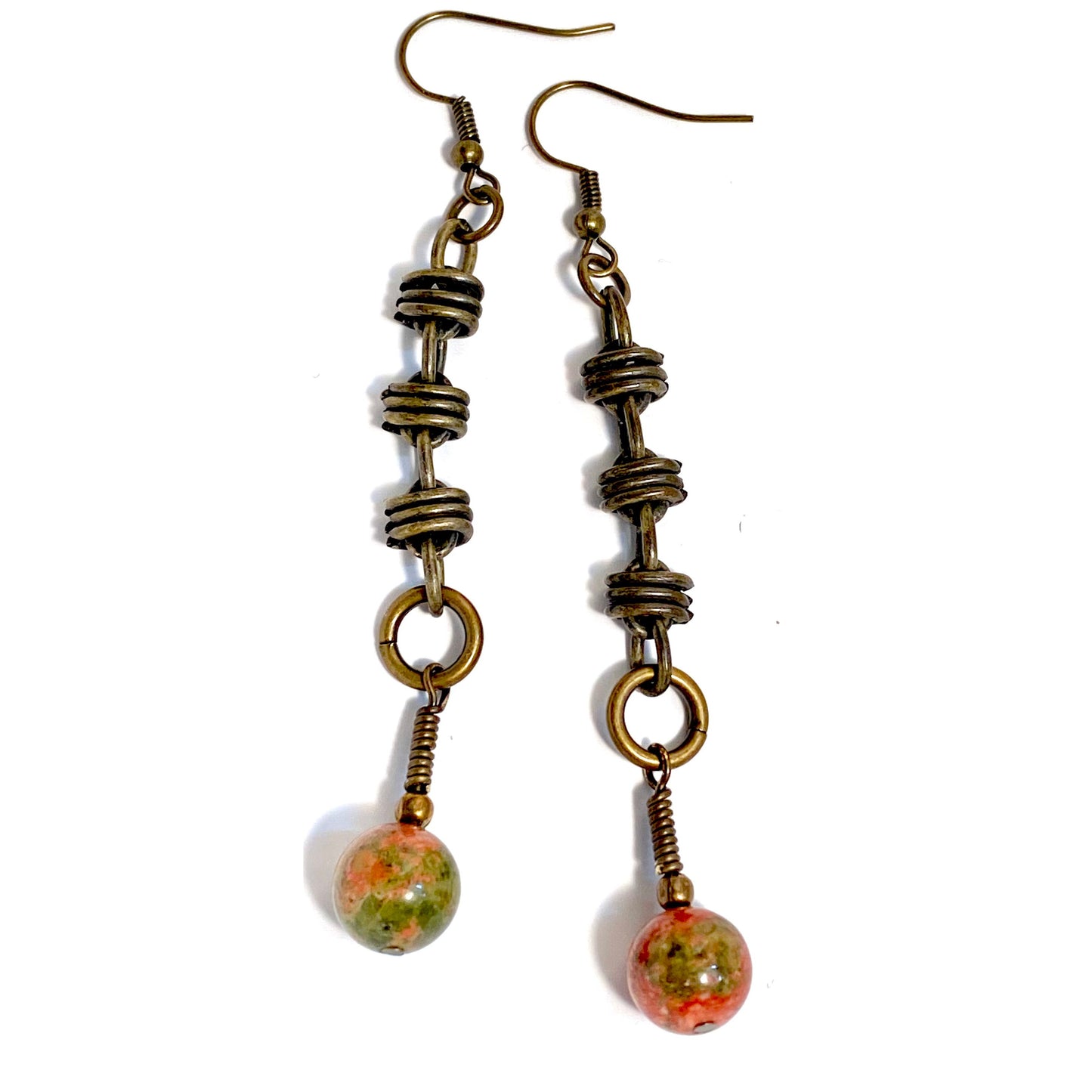 Linked Brass Chain Earrings with Unakite Beads