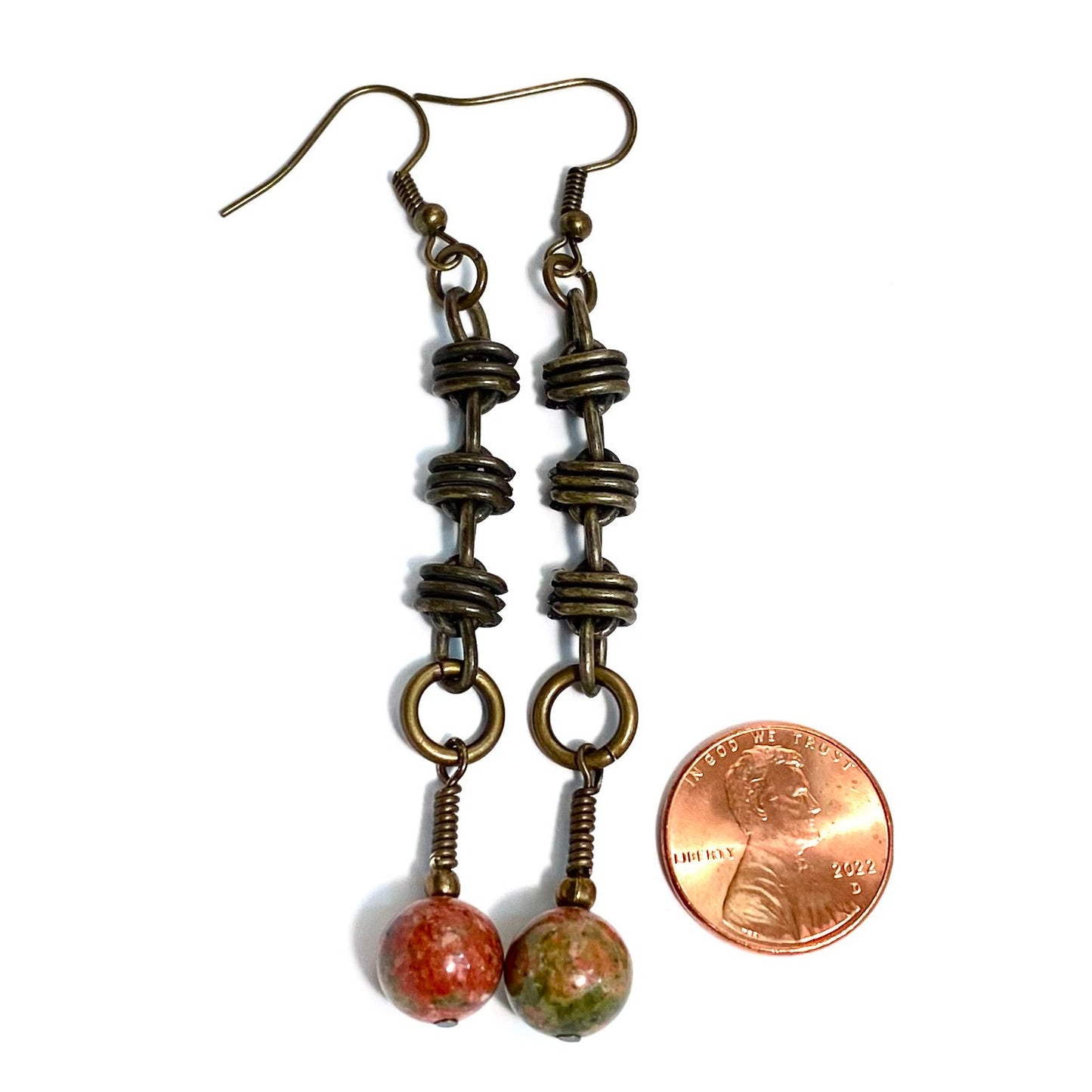 Linked Brass Chain Earrings with Unakite Beads