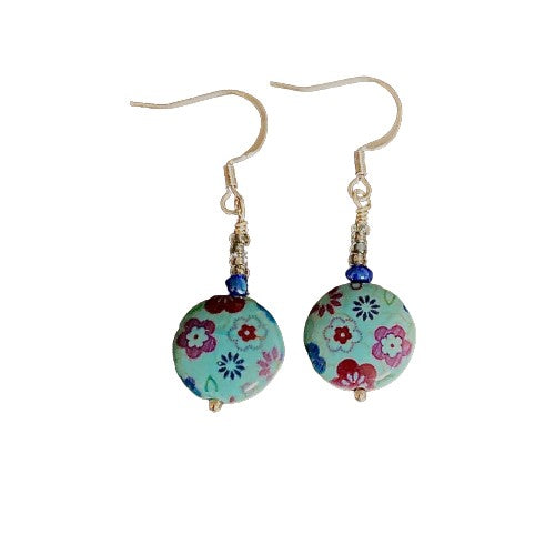 Blue Flowered Ceramic Disk Earrings