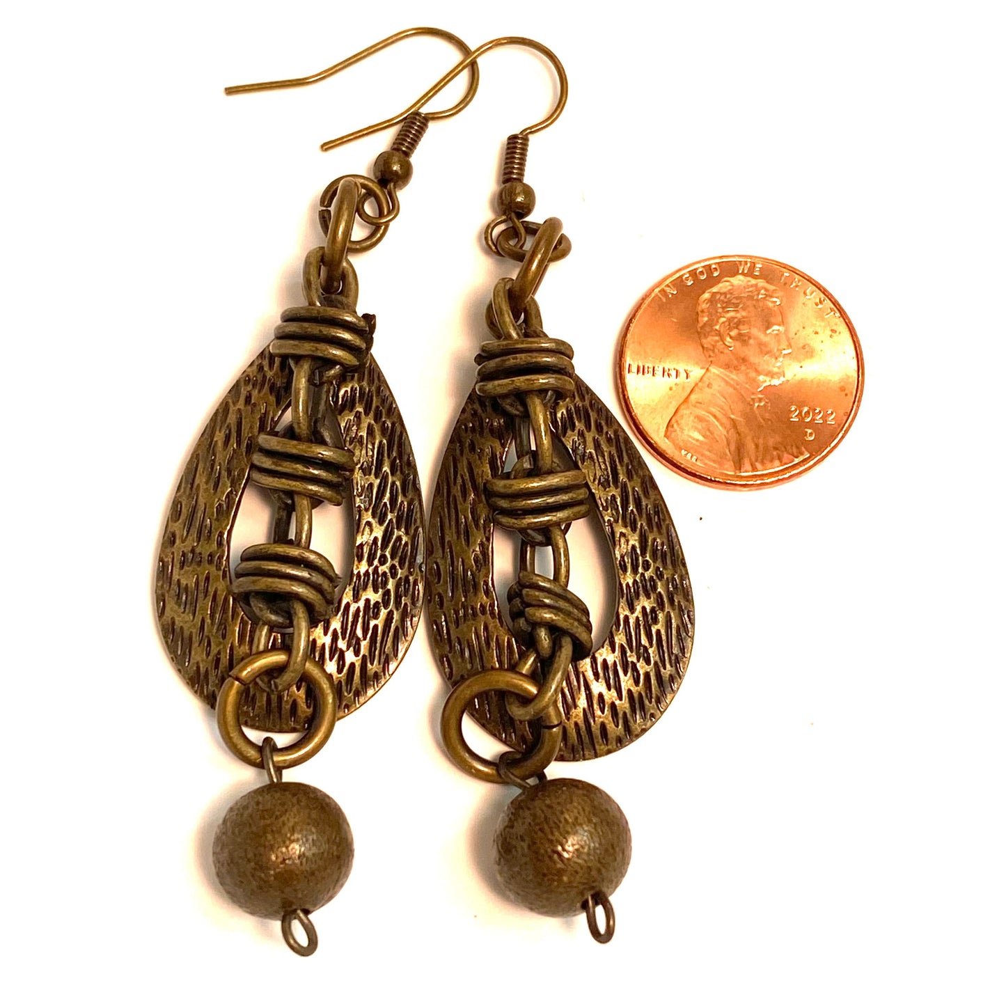 Textured Open Teardrop Earrings with Brass Metal Beads