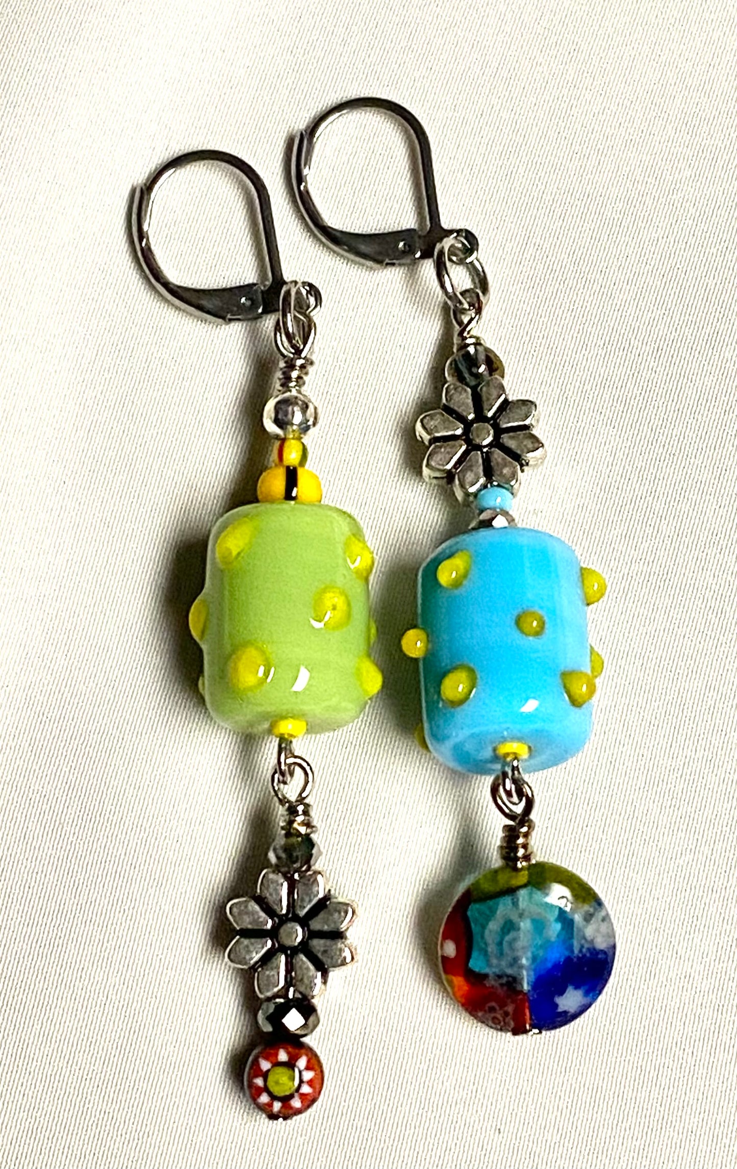 Light Blue/Apple Green Lamp Worked Cylinder Earrings